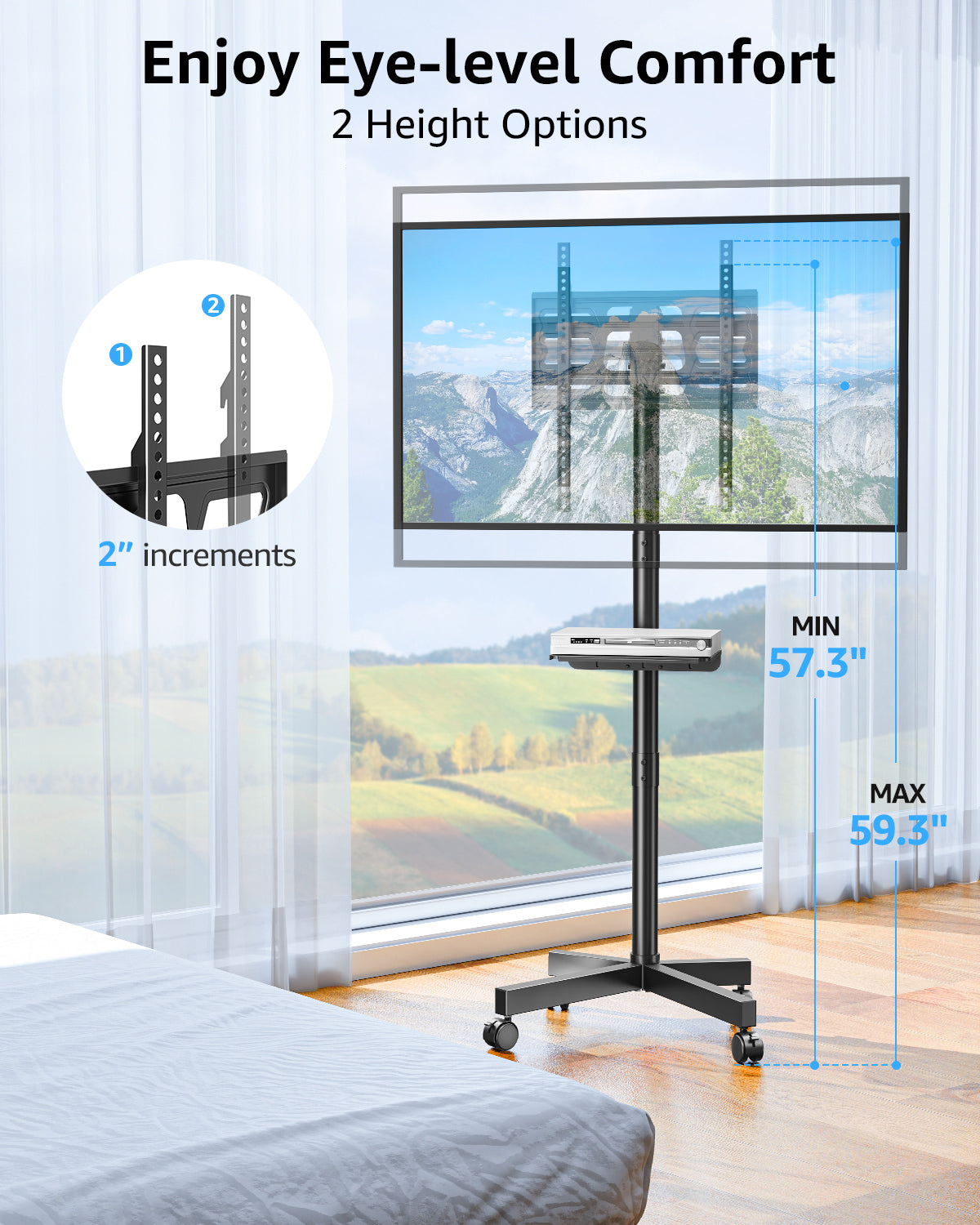 MOUNTUP Rolling TV Stand for 23-60" TVs – Mobile TV Cart with Wheels, Height Adjustable & Tilt, Max VESA 400x400mm, Holds up to 77 lbs – Portable Floor TVs Stand W/Shelf for Home, Office & Classroom