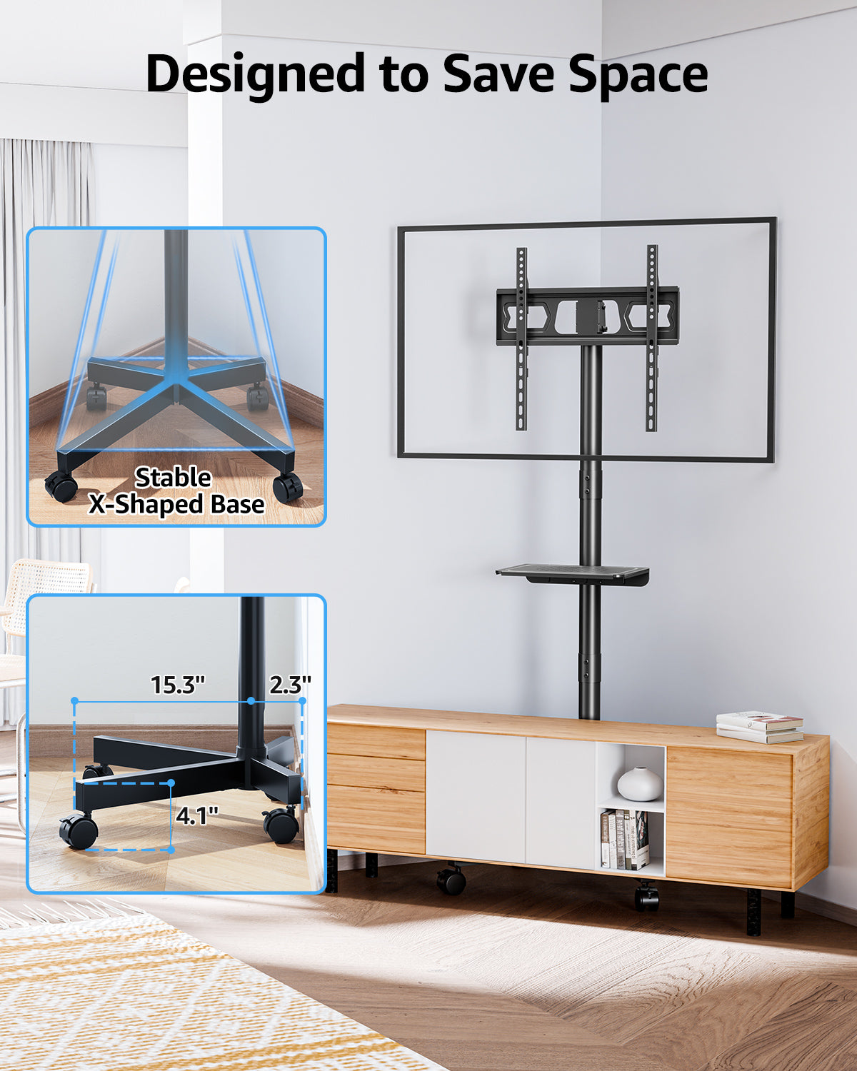 MOUNTUP Rolling TV Stand for 23-60" TVs – Mobile TV Cart with Wheels, Height Adjustable & Tilt, Max VESA 400x400mm, Holds up to 77 lbs – Portable Floor TVs Stand W/Shelf for Home, Office & Classroom