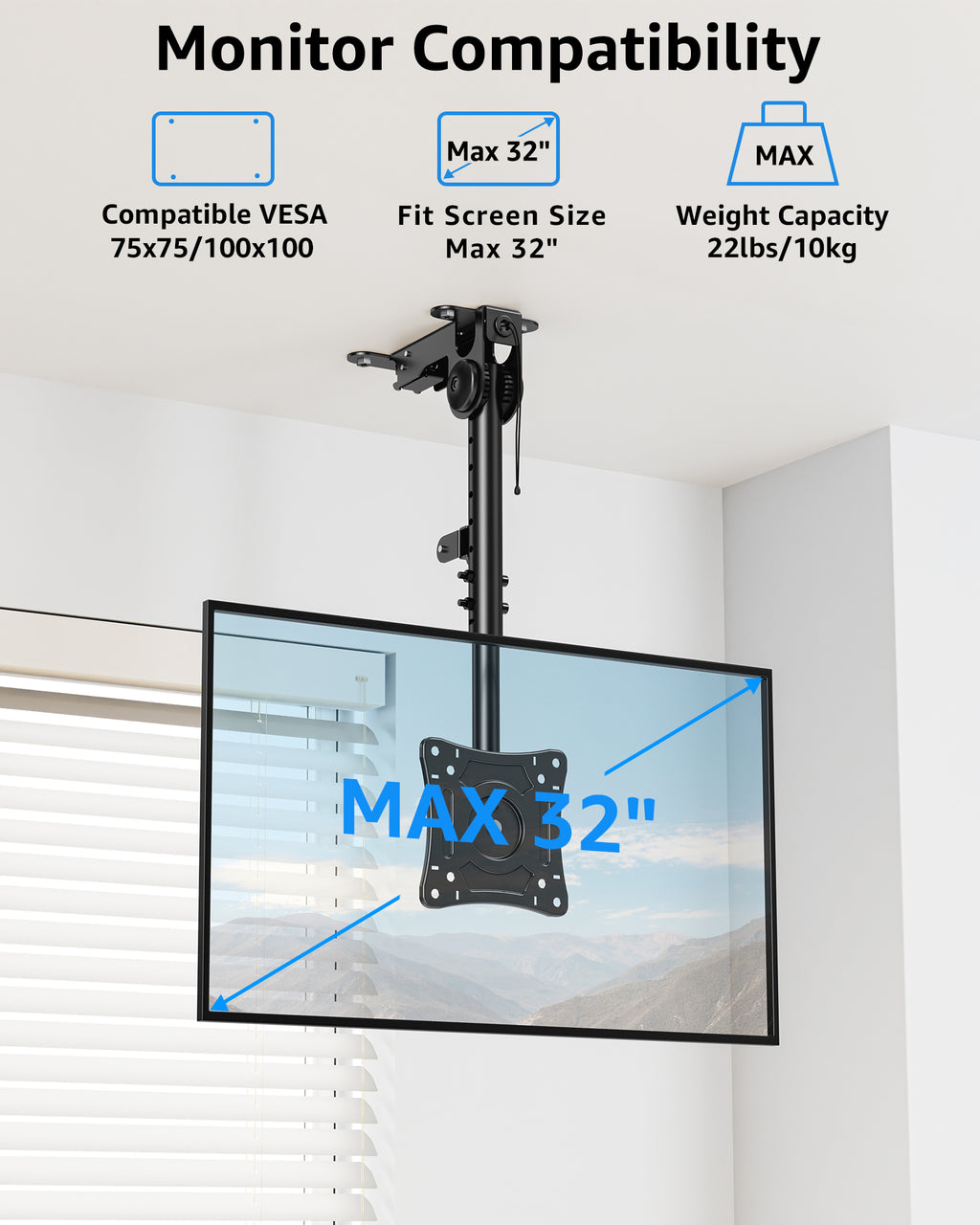 MOUNTUP Ceiling Monitor Mount for 13-32'', Max 22lbs Sceen, Flip Down Computer Monitor Mount, Folding Ceiling Mount with Full Motion Tilt Swivel Rotation, for Garage, Workshop, Sloped & Flat Ceilings