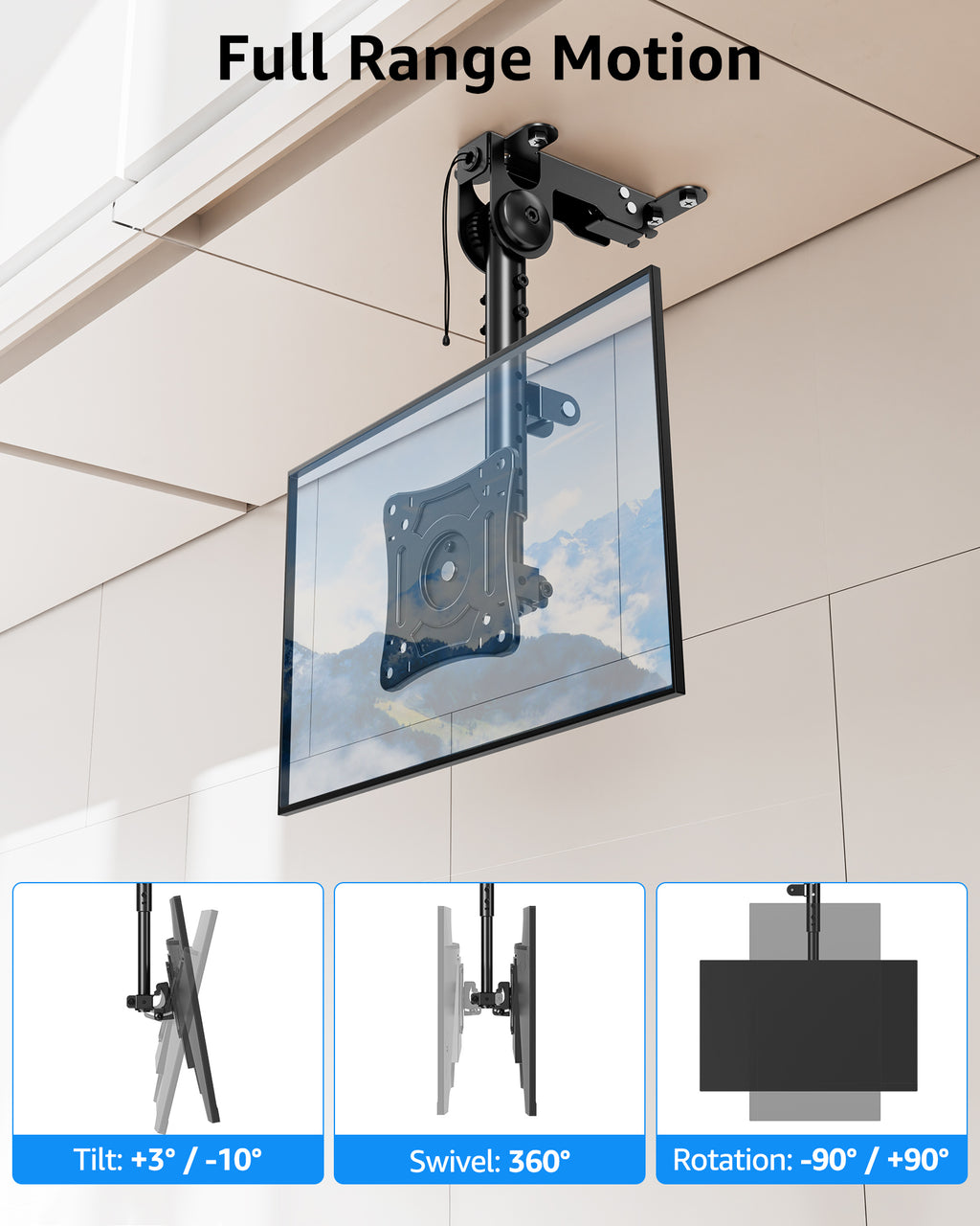 MOUNTUP Ceiling Monitor Mount for 13-32'', Max 22lbs Sceen, Flip Down Computer Monitor Mount, Folding Ceiling Mount with Full Motion Tilt Swivel Rotation, for Garage, Workshop, Sloped & Flat Ceilings