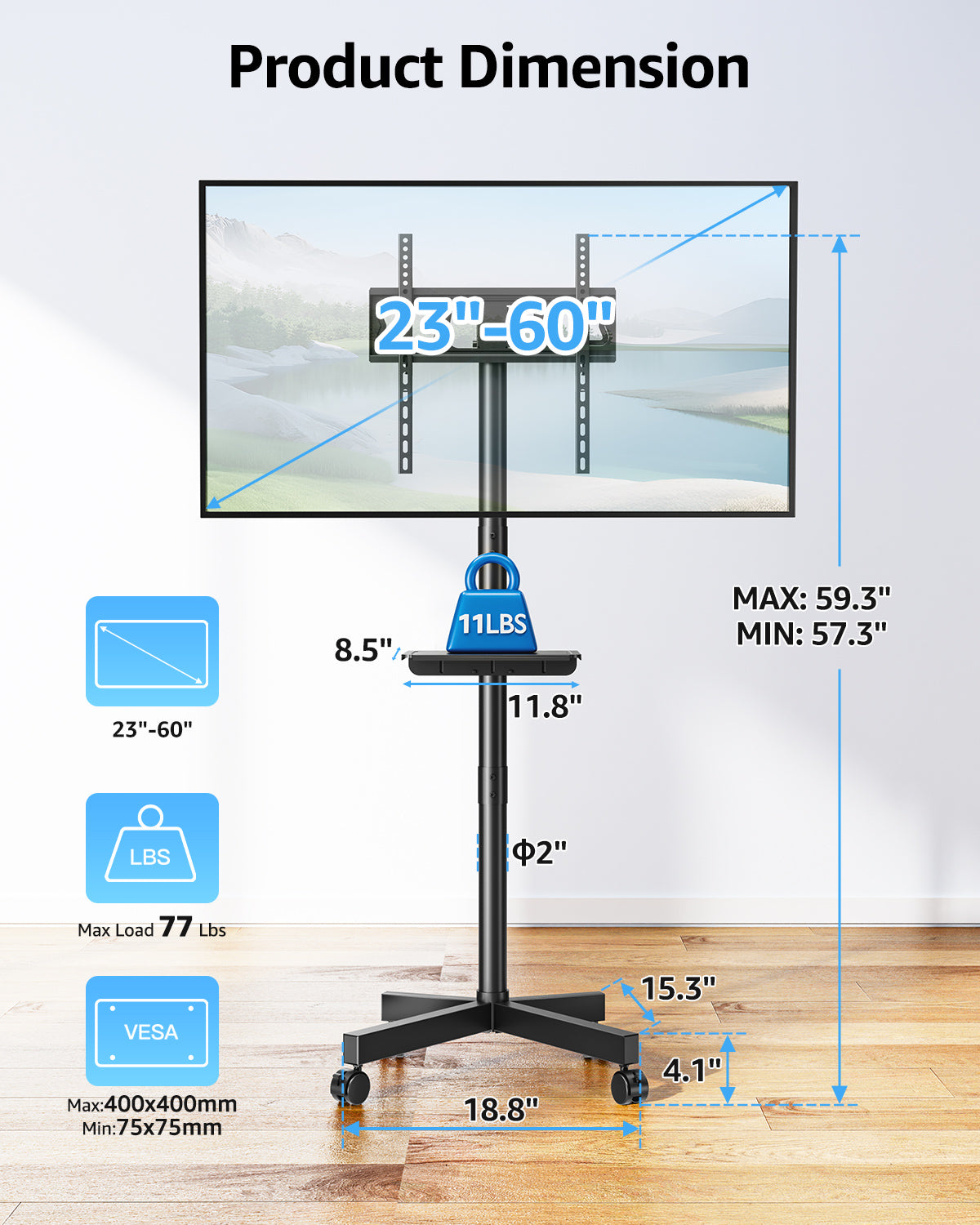 MOUNTUP Rolling TV Stand for 23-60" TVs – Mobile TV Cart with Wheels, Height Adjustable & Tilt, Max VESA 400x400mm, Holds up to 77 lbs – Portable Floor TVs Stand W/Shelf for Home, Office & Classroom