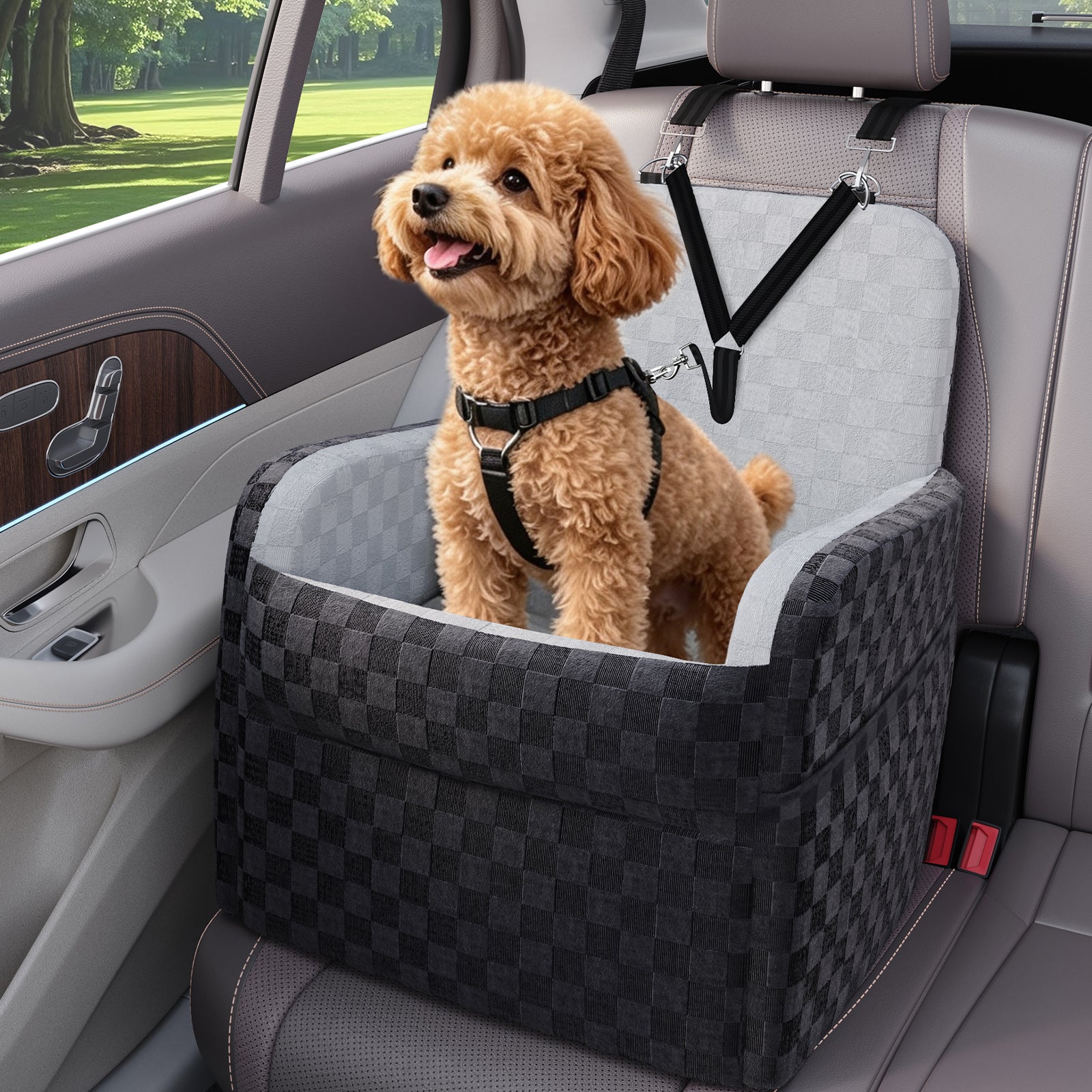 Waterproof Dog Car Seat for Small/Medium Dogs up to 26 lbs, Memory Foam Booster Seat Elevated 6in, Pet Car Seat with Removable Washable Cover, Y-Shape Safety Belt and Storage Pockets