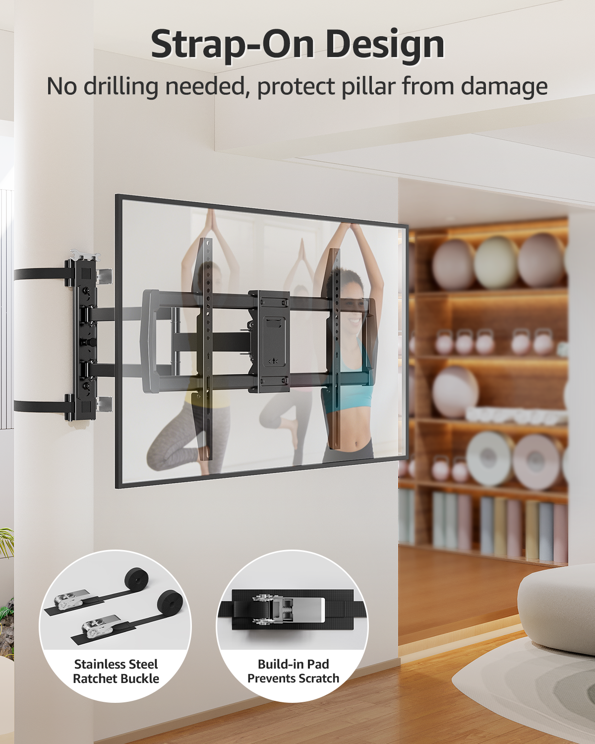 MOUNTUP Pillar TV Mount for 32"-75" TVs, Full Motion Strap-On Post Mount for Round & Square Columns, Swivel Tilt Level, No-Drill Design, Max VESA 600x400mm, Holds 88 lbs, Black