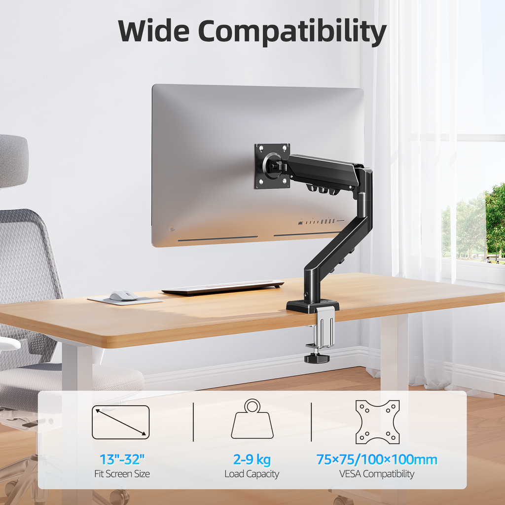 MOUNTUP Monitor Halterung für 13-32 Zoll Monitore 2-9 kg, VESA 75/100mm, Gasdruckfeder Arm, 360° Drehbar Höhenverstellbar Schwenkbar Neigbar, EU8015B