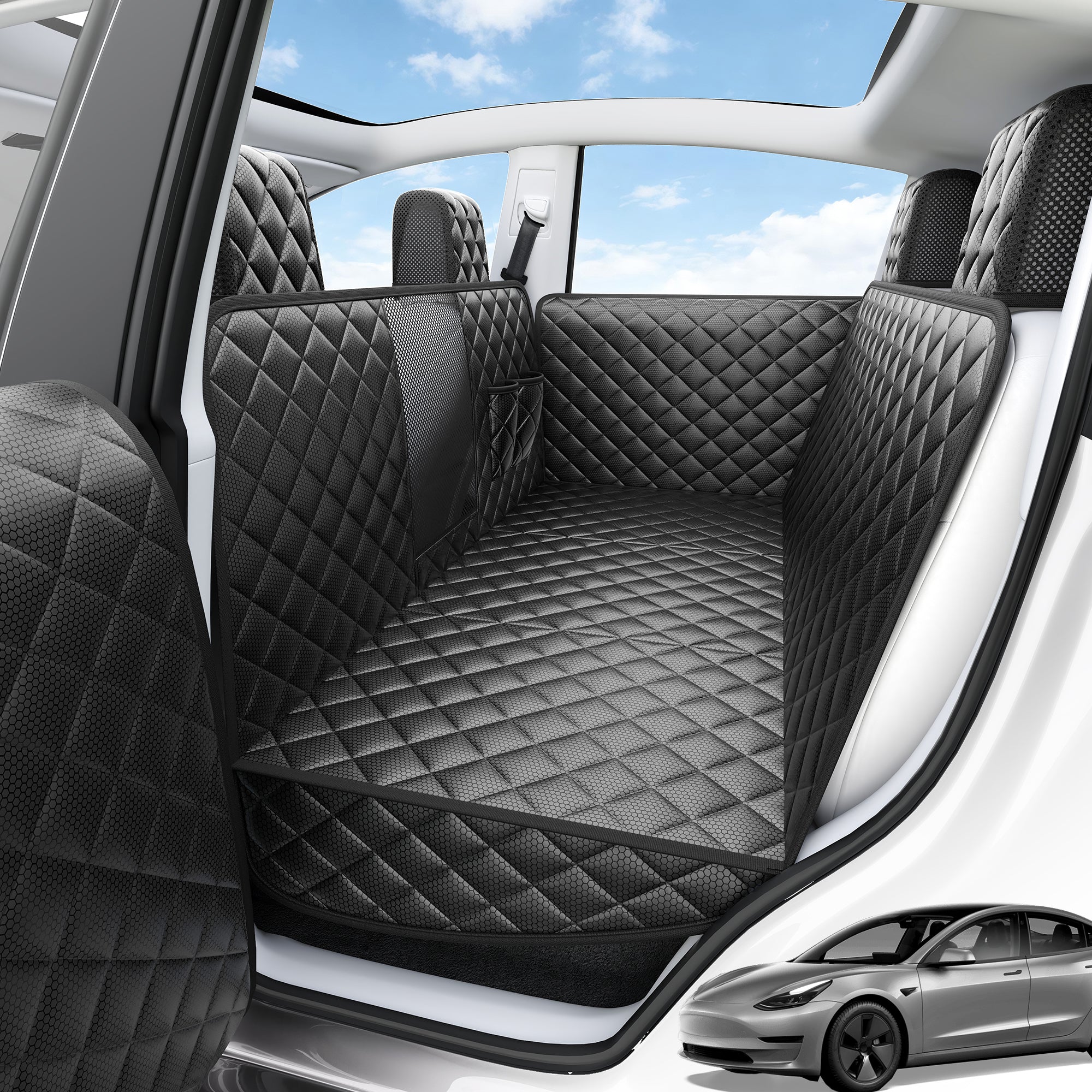 Dog Seat Covers for Tesla Model Y, Hard Bottom Dog Hammock | with Door & Headrest Protection, Waterproof Scratchproof Backseat Dog Cover with Mesh Window