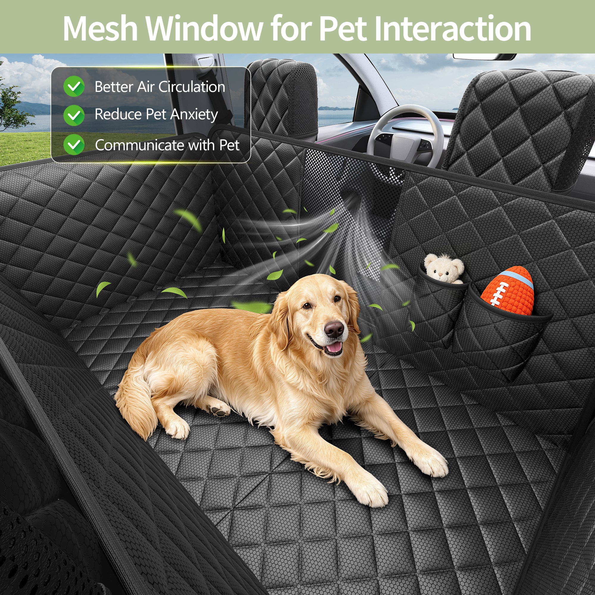 Dog Seat Covers for Tesla Model Y, Hard Bottom Dog Hammock | with Door & Headrest Protection, Waterproof Scratchproof Backseat Dog Cover with Mesh Window
