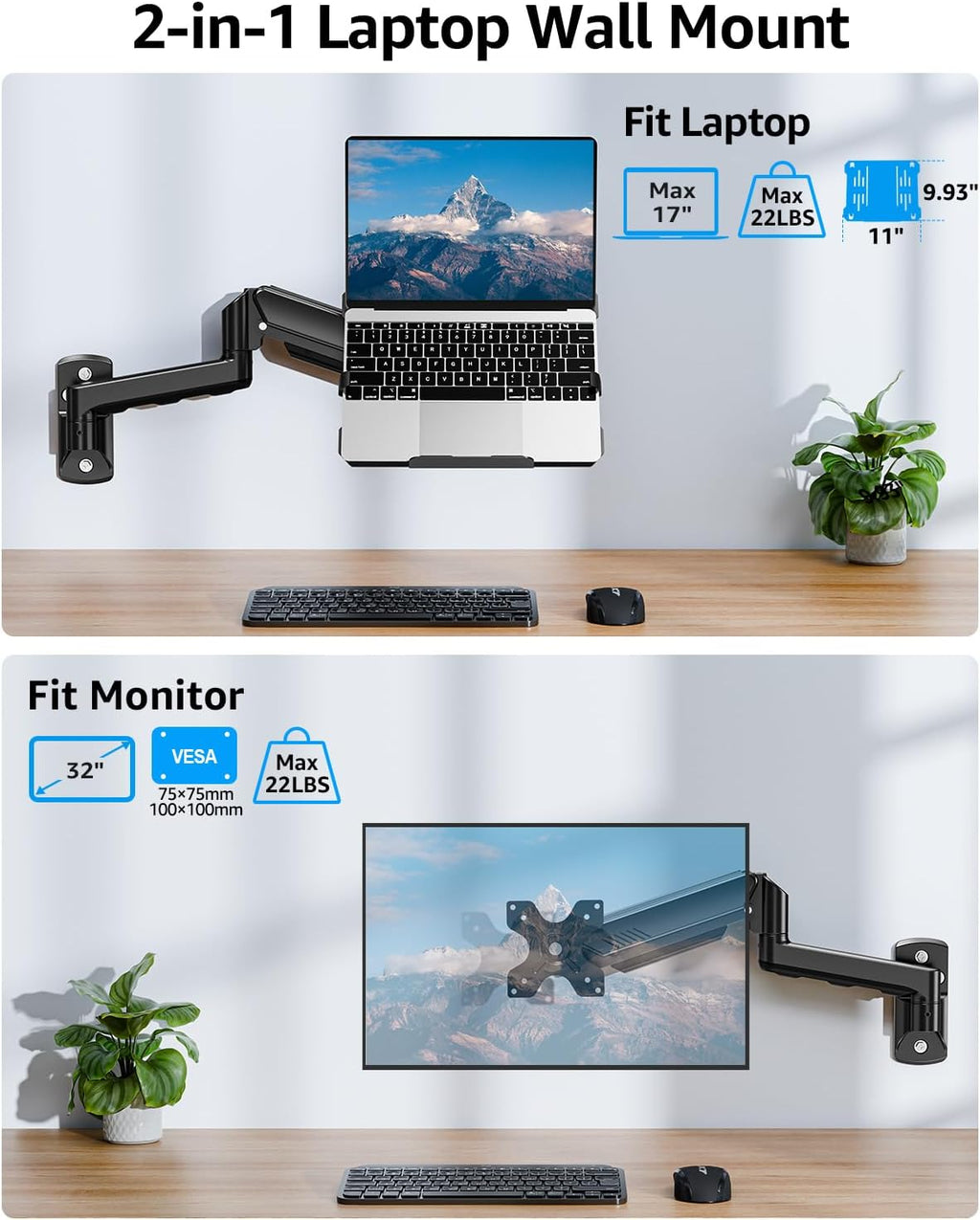 MOUNTUP Laptop Wall Mount, Adjustable Laptop Mount for Max 17" Notebook or Max 32" Monitor, Wall Mount Laptop Holder Holds 4.4-22lbs, 2-in-1 Laptop Arm with Ventilated Tray
