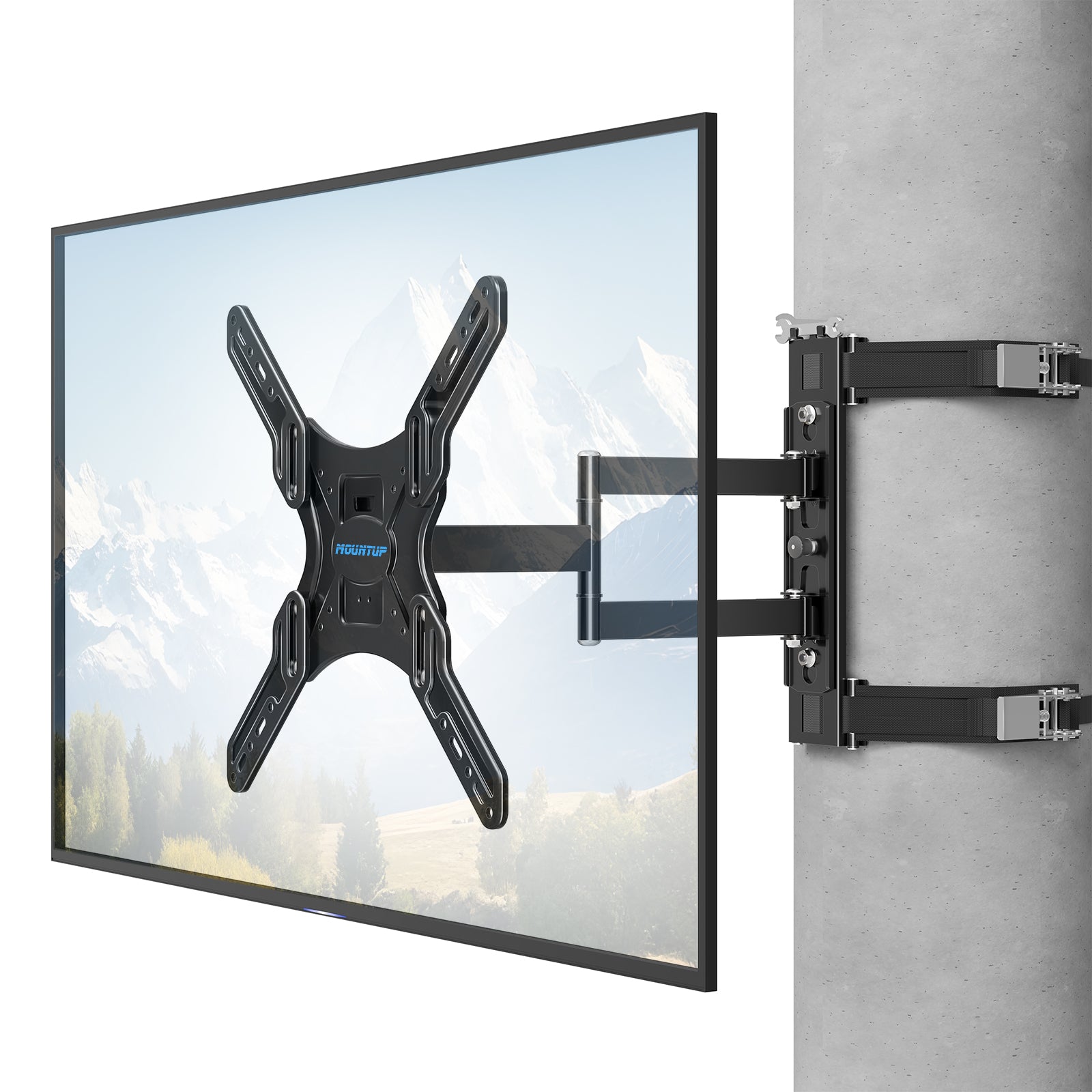 MOUNTUP Outdoor Pillar TV Mount for Gazebo & Patio, No-Drill Full Motion TV Post Mount for Round & Square Columns, Swivel Tilt Level, Fits 26–60″ TVs up to 77 lbs, Max VESA 400x400mm, Black MU0084-OD