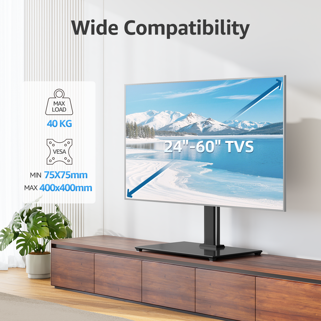 MONTUP Universal TV Stand for 24–60 Inch TV, Height Adjustable Table Top TV Stand Up to 40KG, Pedestal with Bracket Max VESA 400x400mm, EU1335