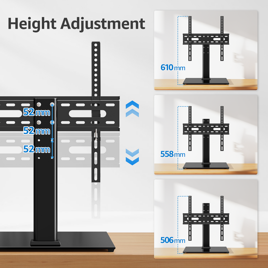 MONTUP Universal TV Stand for 24–60 Inch TV, Height Adjustable Table Top TV Stand Up to 40KG, Pedestal with Bracket Max VESA 400x400mm, EU1335