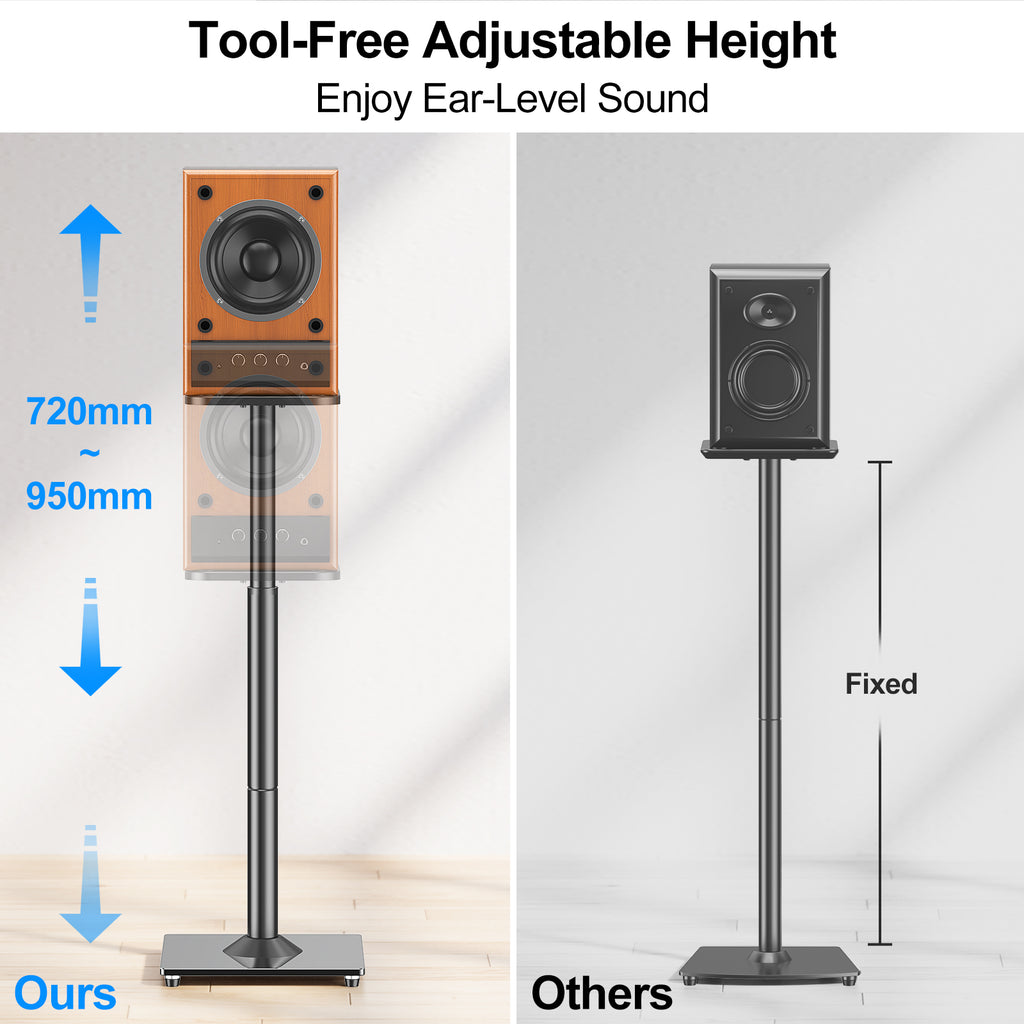 MOUNTUP Universal Speaker Stands Pair, 28.3" to 37.4" Height Adjustable Floor Speaker Stands, Holds Bookshelf & Large Satellite Studio Speakers, Cable Concealing, 22LBS Capacity, 9.8" Plate, Black