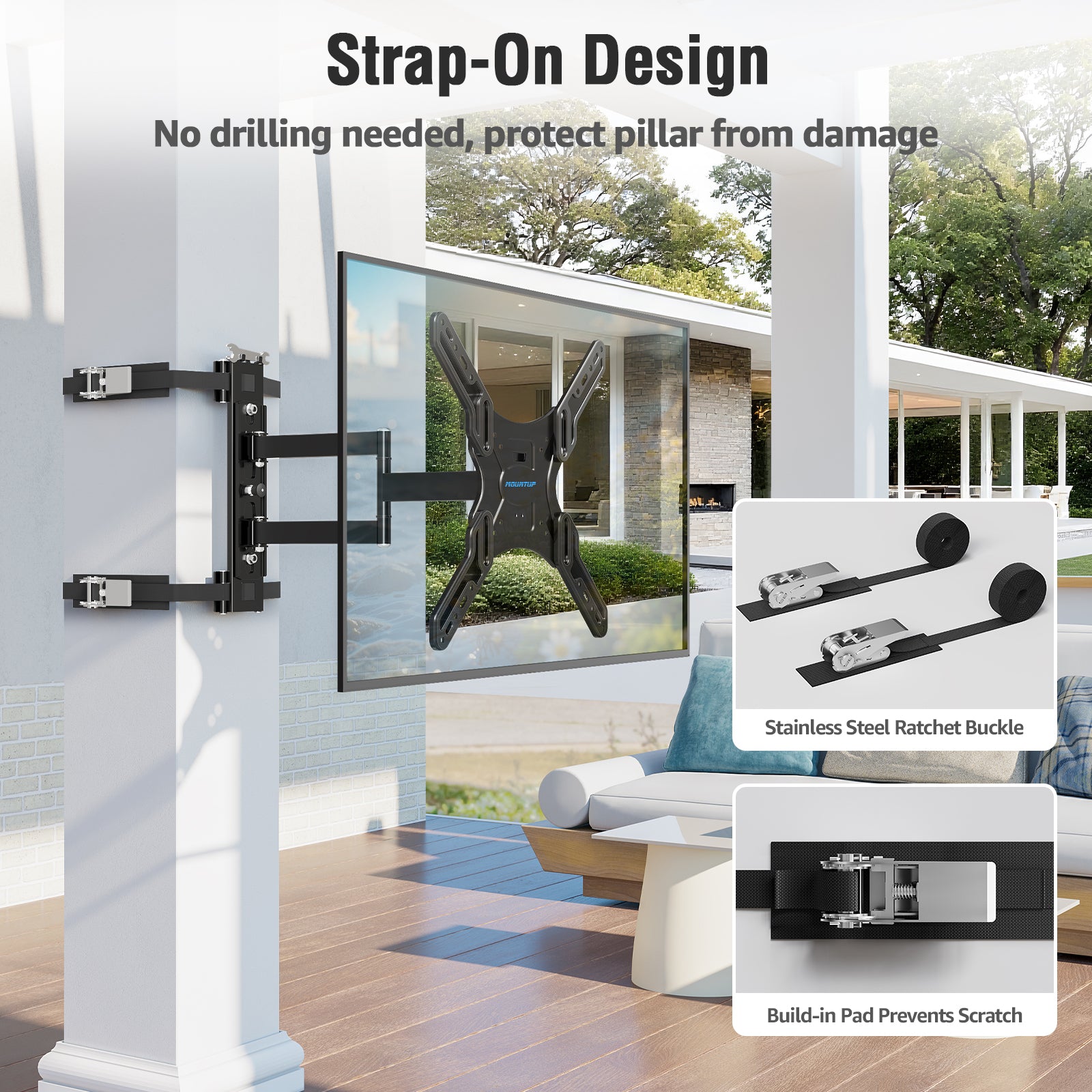 MOUNTUP Outdoor Pillar TV Mount for Gazebo & Patio, No-Drill Full Motion TV Post Mount for Round & Square Columns, Swivel Tilt Level, Fits 26–60″ TVs up to 77 lbs, Max VESA 400x400mm, Black MU0084-OD