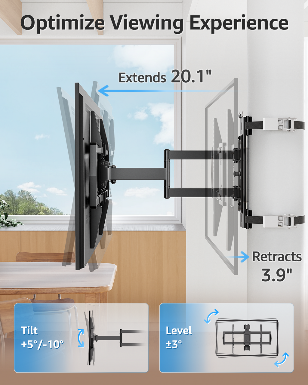 MOUNTUP Pillar TV Mount for 32"-75" TVs, Full Motion Strap-On Post Mount for Round & Square Columns, Swivel Tilt Level, No-Drill Design, Max VESA 600x400mm, Holds 88 lbs, Black