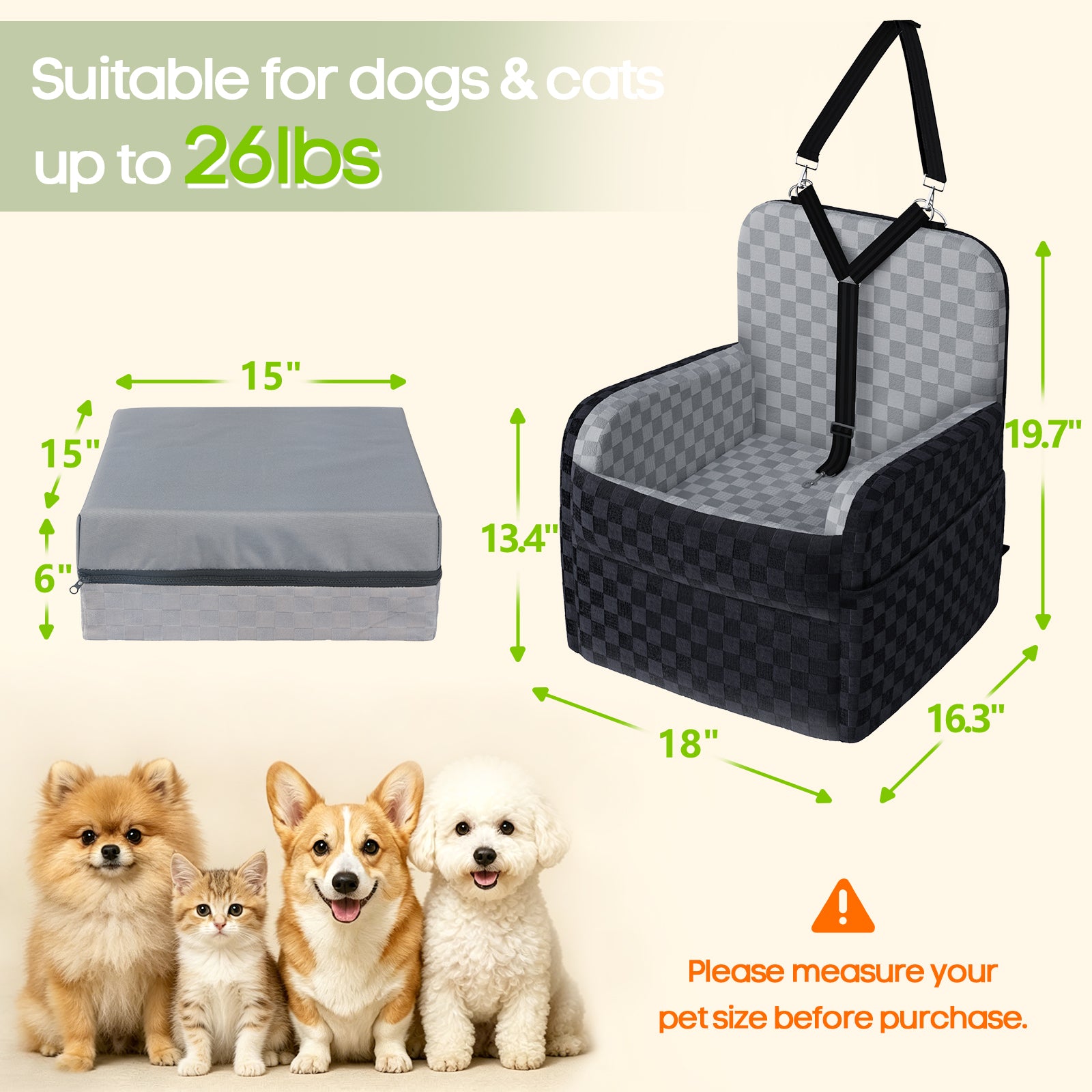 Waterproof Dog Car Seat for Small/Medium Dogs up to 26 lbs, Memory Foam Booster Seat Elevated 6in, Pet Car Seat with Removable Washable Cover, Y-Shape Safety Belt and Storage Pockets