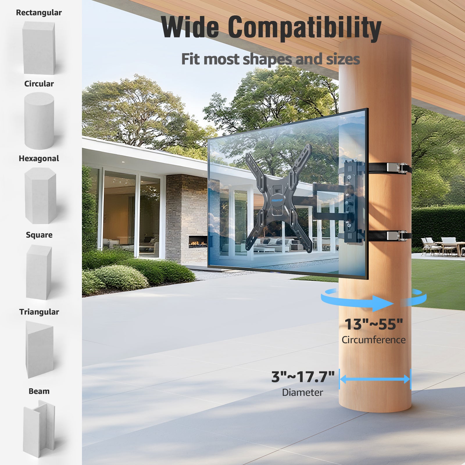 MOUNTUP Outdoor Pillar TV Mount for Gazebo & Patio, No-Drill Full Motion TV Post Mount for Round & Square Columns, Swivel Tilt Level, Fits 26–60″ TVs up to 77 lbs, Max VESA 400x400mm, Black MU0084-OD