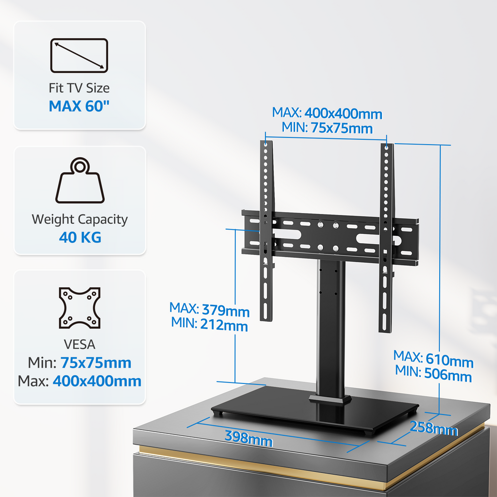 MONTUP Universal TV Stand for 24–60 Inch TV, Height Adjustable Table Top TV Stand Up to 40KG, Pedestal with Bracket Max VESA 400x400mm, EU1335
