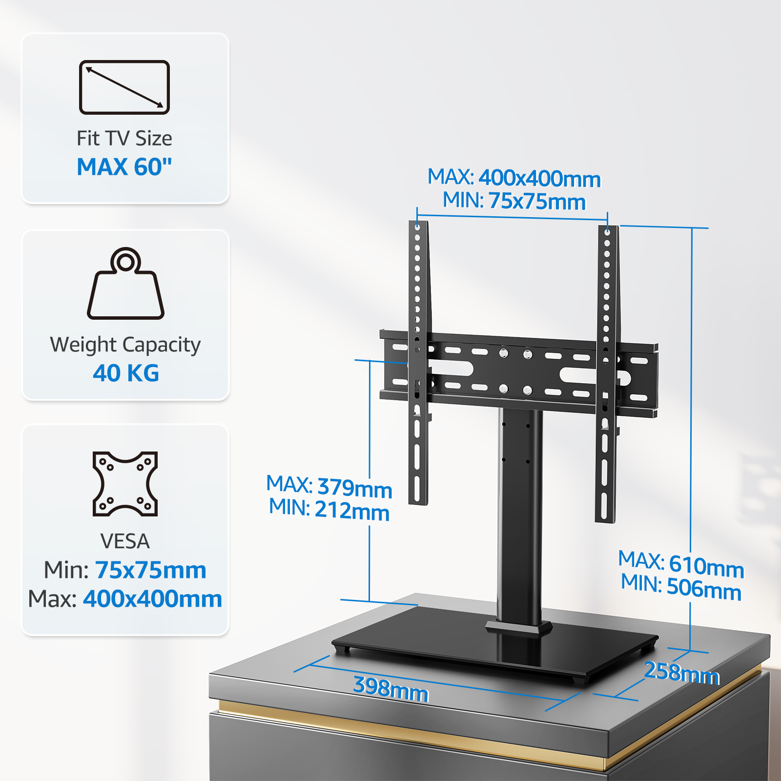 MONTUP Universal TV Stand for 24–60 Inch TV, Height Adjustable Table Top TV Stand Up to 40KG, Pedestal with Bracket Max VESA 400x400mm, EU1335