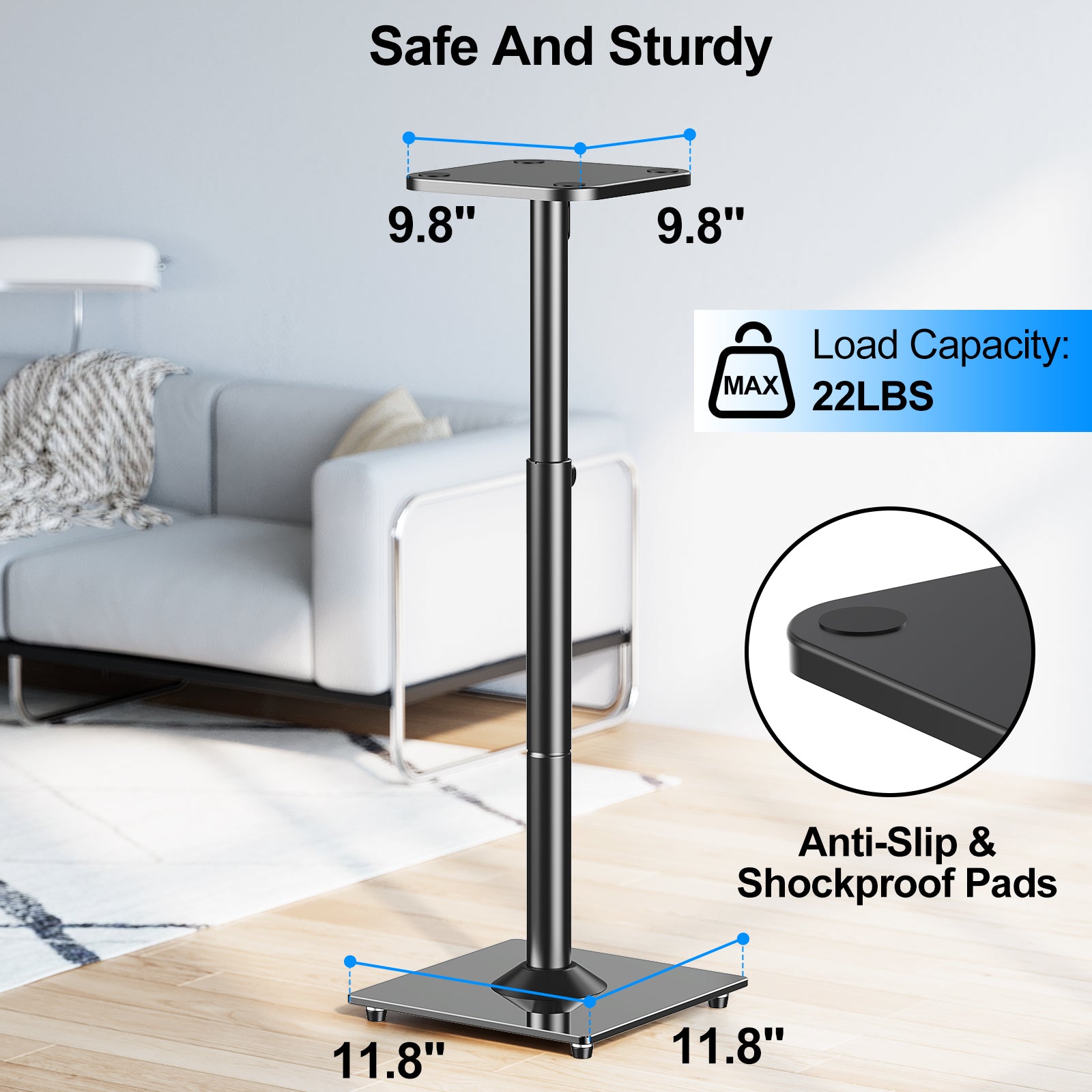 MOUNTUP Universal Speaker Stands Pair, 28.3" to 37.4" Height Adjustable Floor Speaker Stands, Holds Bookshelf & Large Satellite Studio Speakers, Cable Concealing, 22LBS Capacity, 9.8" Plate, Black