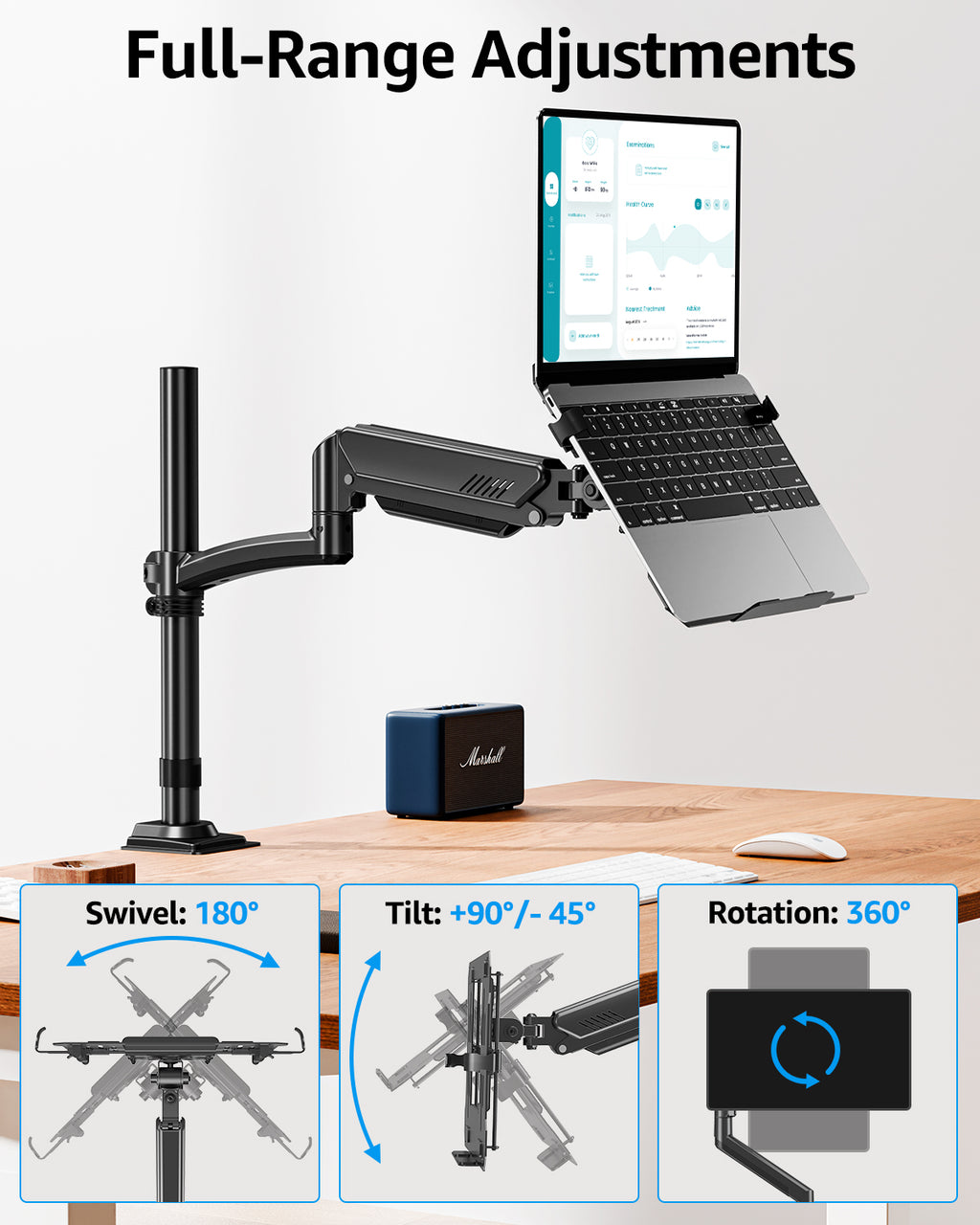 MOUNTUP Laptop Desk Mount, Adjustable Laptop Stand for max 17" Notebook or 32" Monitor, Laptops Arm Mount for Desk Holds 4.4-22lbs, Tall Laptops Mount with Clamp/Grommet