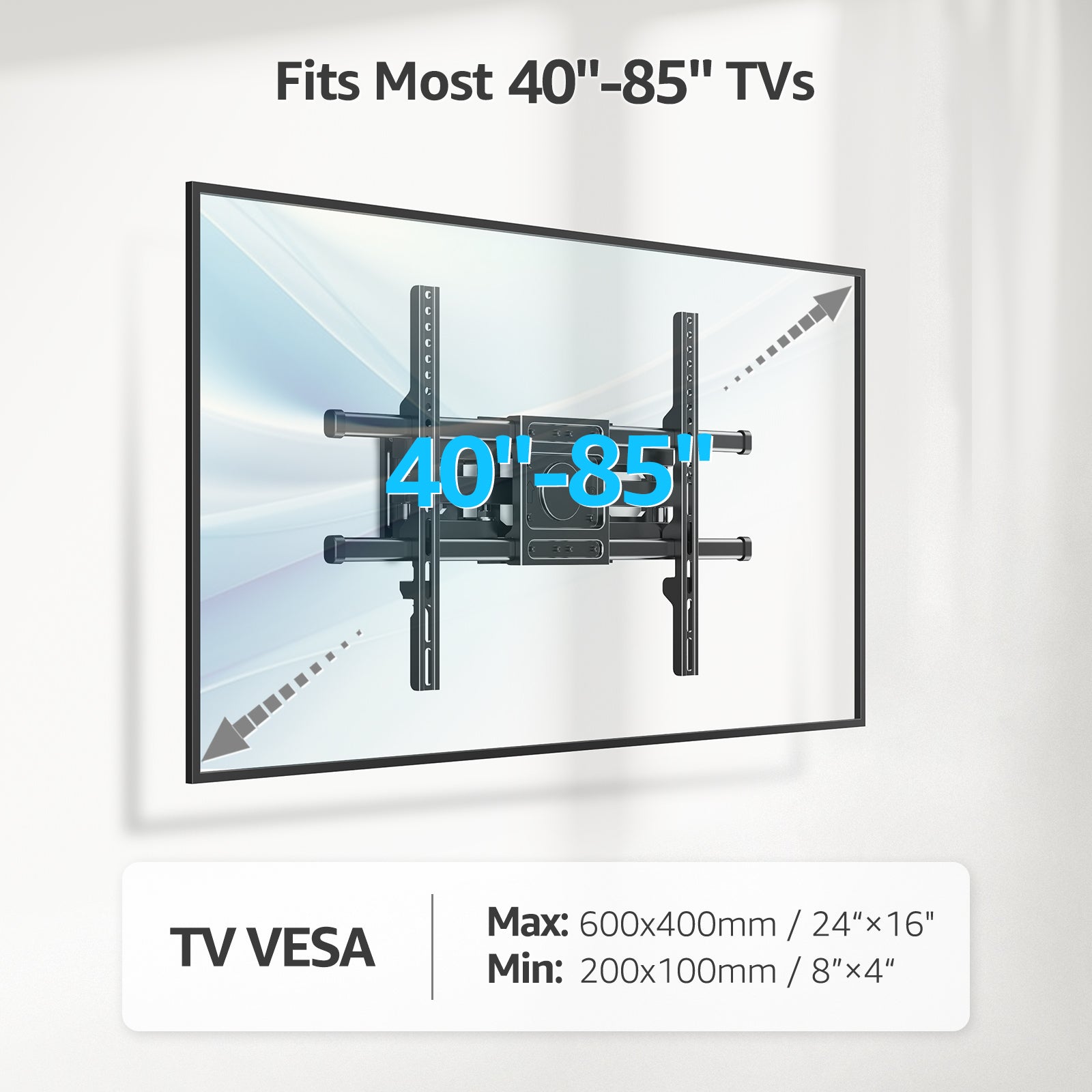 MOUNTUP Full Motion TV Wall Mount for Most 40-85 inch Flat TVs up to 110 lbs, Wall Mount Bracket with Dual Articulating Arms, Tilt, Level, Swivel, TV Mount Fits 12/16" Wood Stud, Max VESA 600x400mm