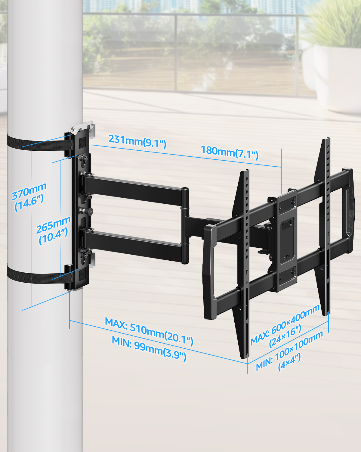 MOUNTUP Pillar TV Mount for 32"-75" TVs, Full Motion Strap-On Post Mount for Round & Square Columns, Swivel Tilt Level, No-Drill Design, Max VESA 600x400mm, Holds 88 lbs, Black