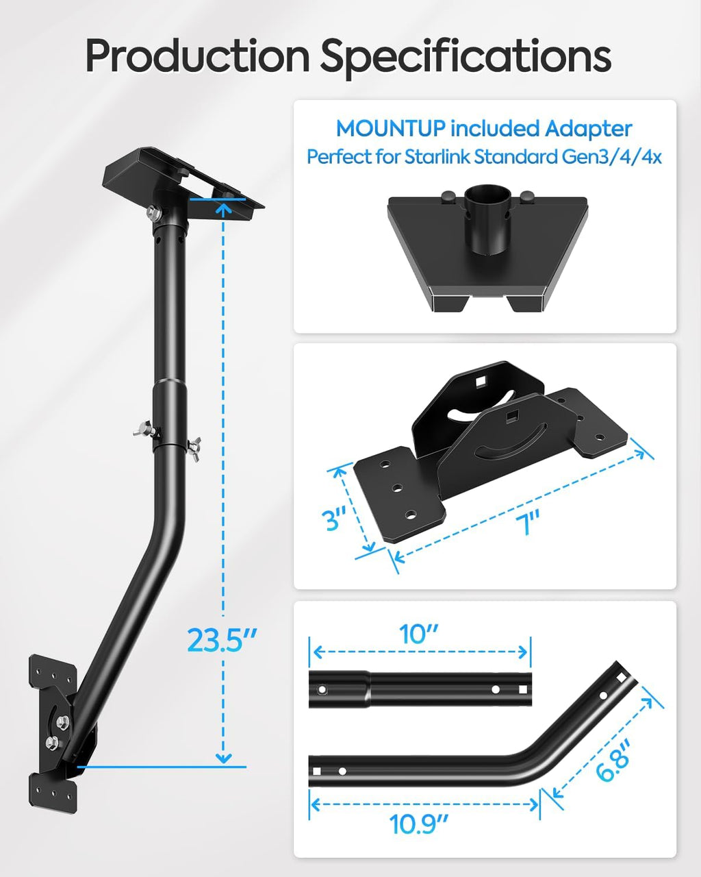 MOUNTUP Starlink Mount for Standard 4/4X/V3, Gen 3 Starlink Wall Mount Kit with Rust-Resistant Stainless Steel Screws for Concrete/Wood Walls, Max 23.5in Poles Adjustable for Wider Eaves