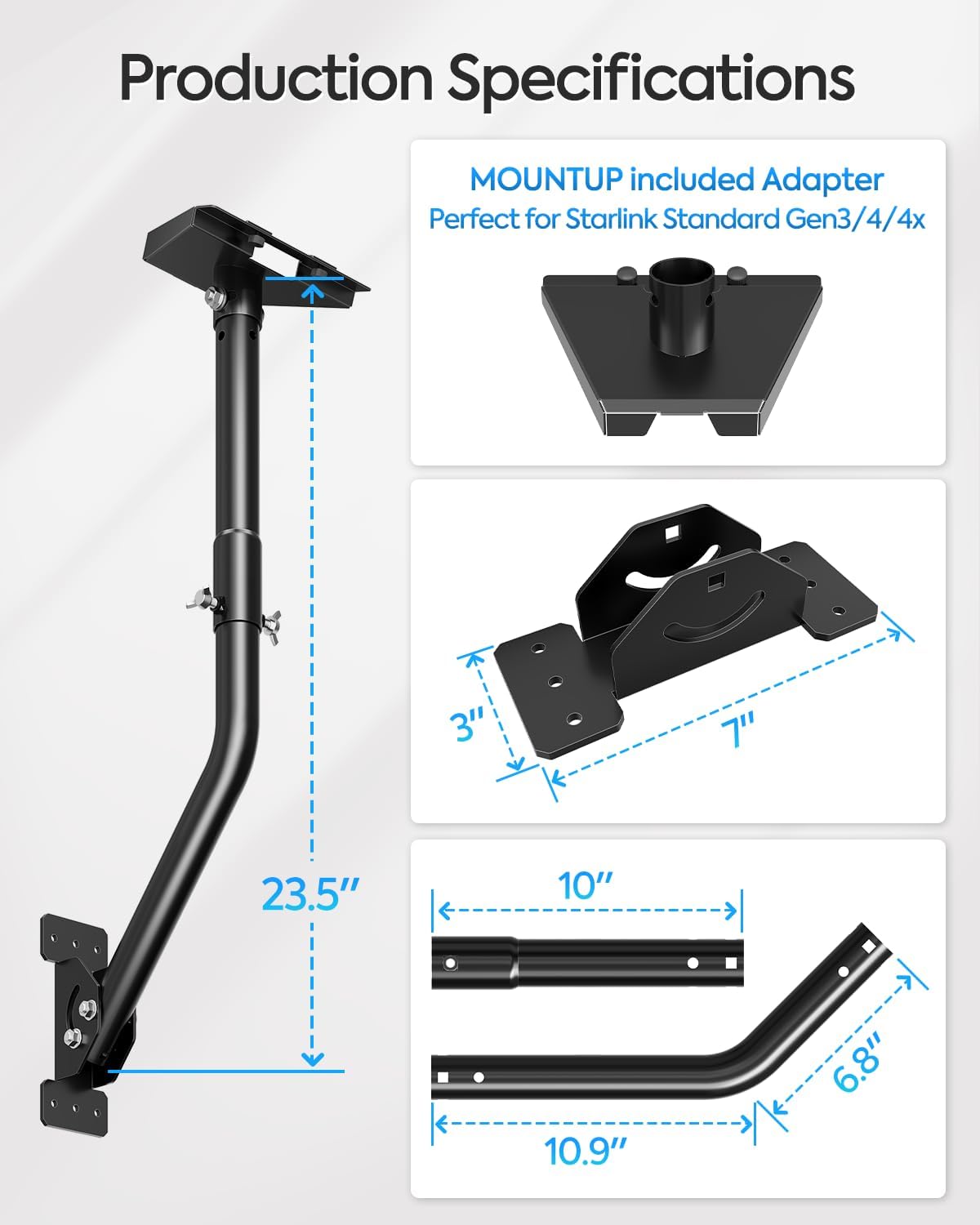 MOUNTUP Starlink Mount for Standard 4/4X/V3, Gen 3 Starlink Wall Mount Kit with Rust-Resistant Stainless Steel Screws for Concrete/Wood Walls, Max 23.5in Poles Adjustable for Wider Eaves