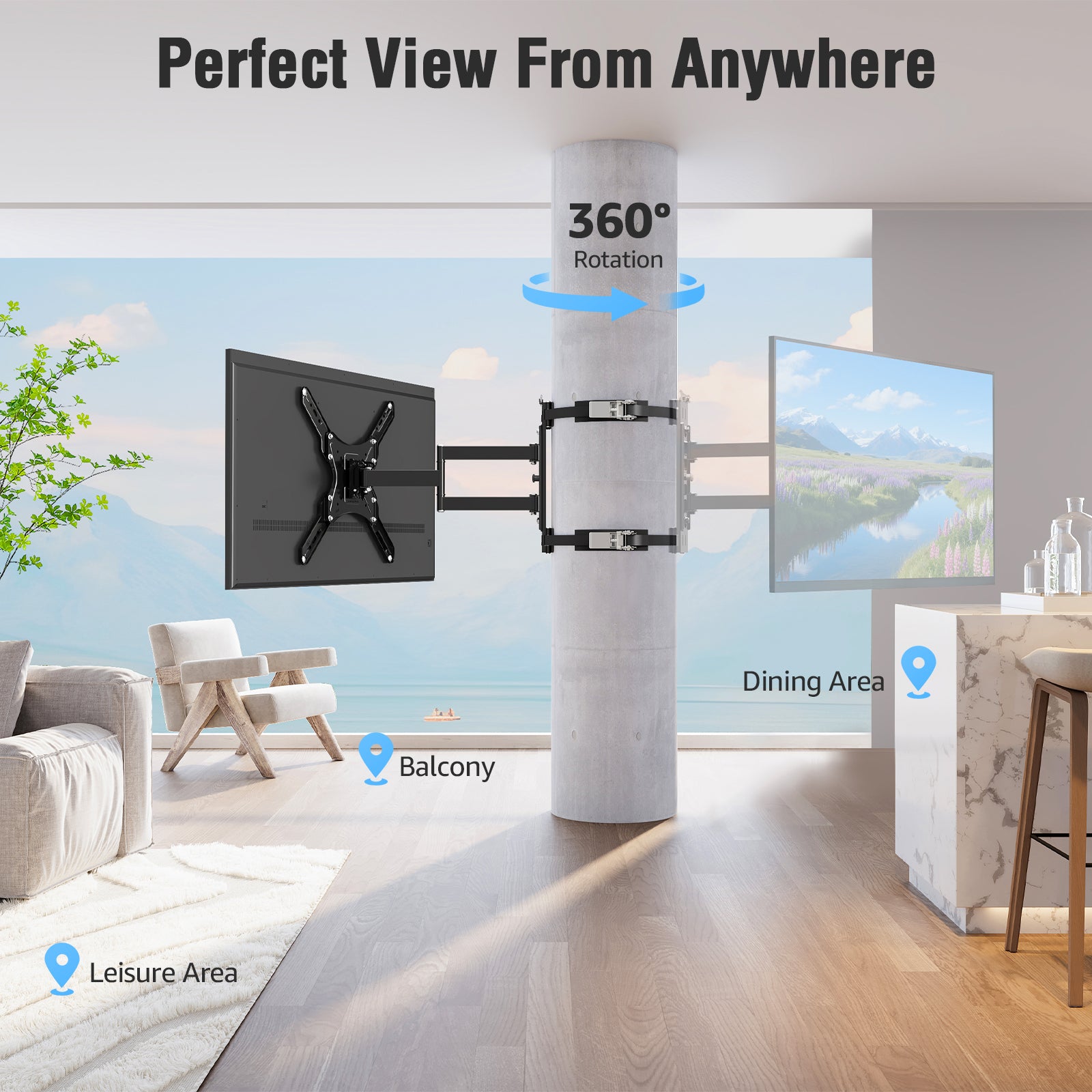 MOUNTUP Outdoor Pillar TV Mount for Gazebo & Patio, No-Drill Full Motion TV Post Mount for Round & Square Columns, Swivel Tilt Level, Fits 26–60″ TVs up to 77 lbs, Max VESA 400x400mm, Black MU0084-OD