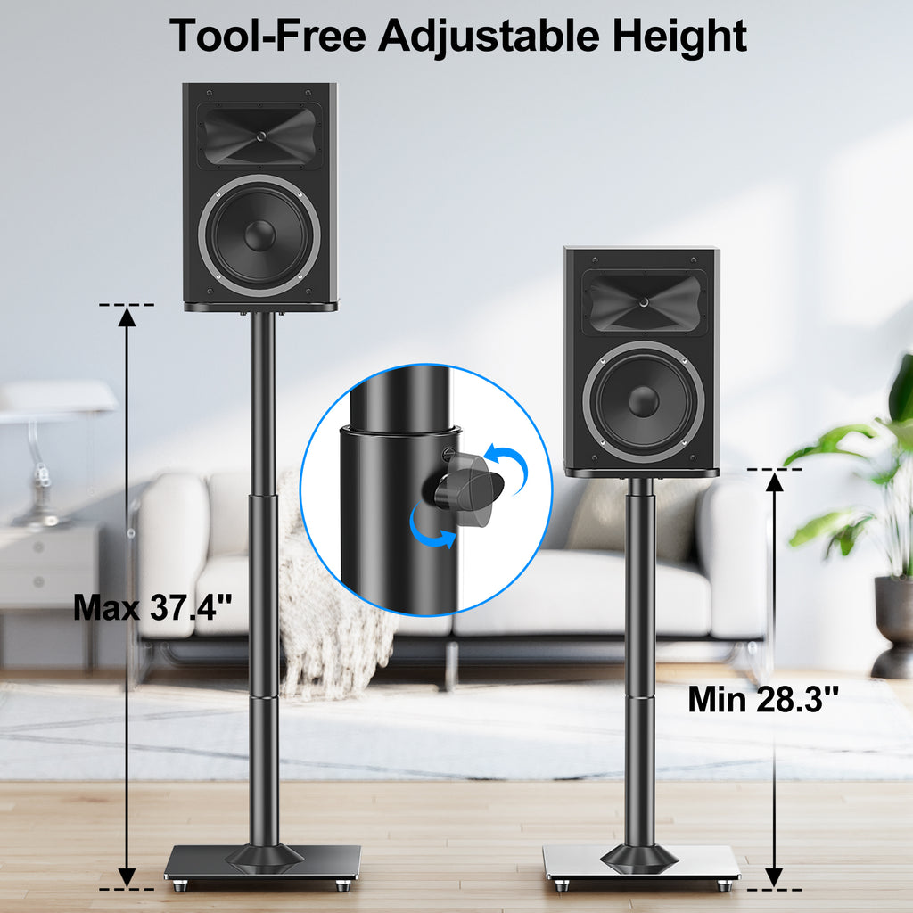 MOUNTUP Universal Speaker Stands Pair, 28.3" to 37.4" Height Adjustable Floor Speaker Stands, Holds Bookshelf & Large Satellite Studio Speakers, Cable Concealing, 22LBS Capacity, 9.8" Plate, Black