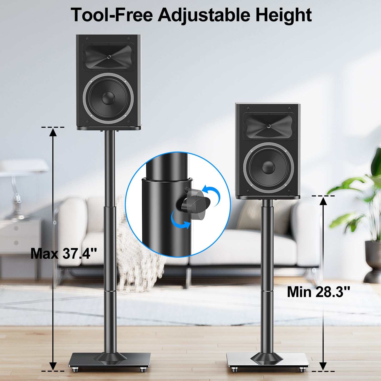 MOUNTUP Universal Speaker Stands Pair, 28.3" to 37.4" Height Adjustable Floor Speaker Stands, Holds Bookshelf & Large Satellite Studio Speakers, Cable Concealing, 22LBS Capacity, 9.8" Plate, Black