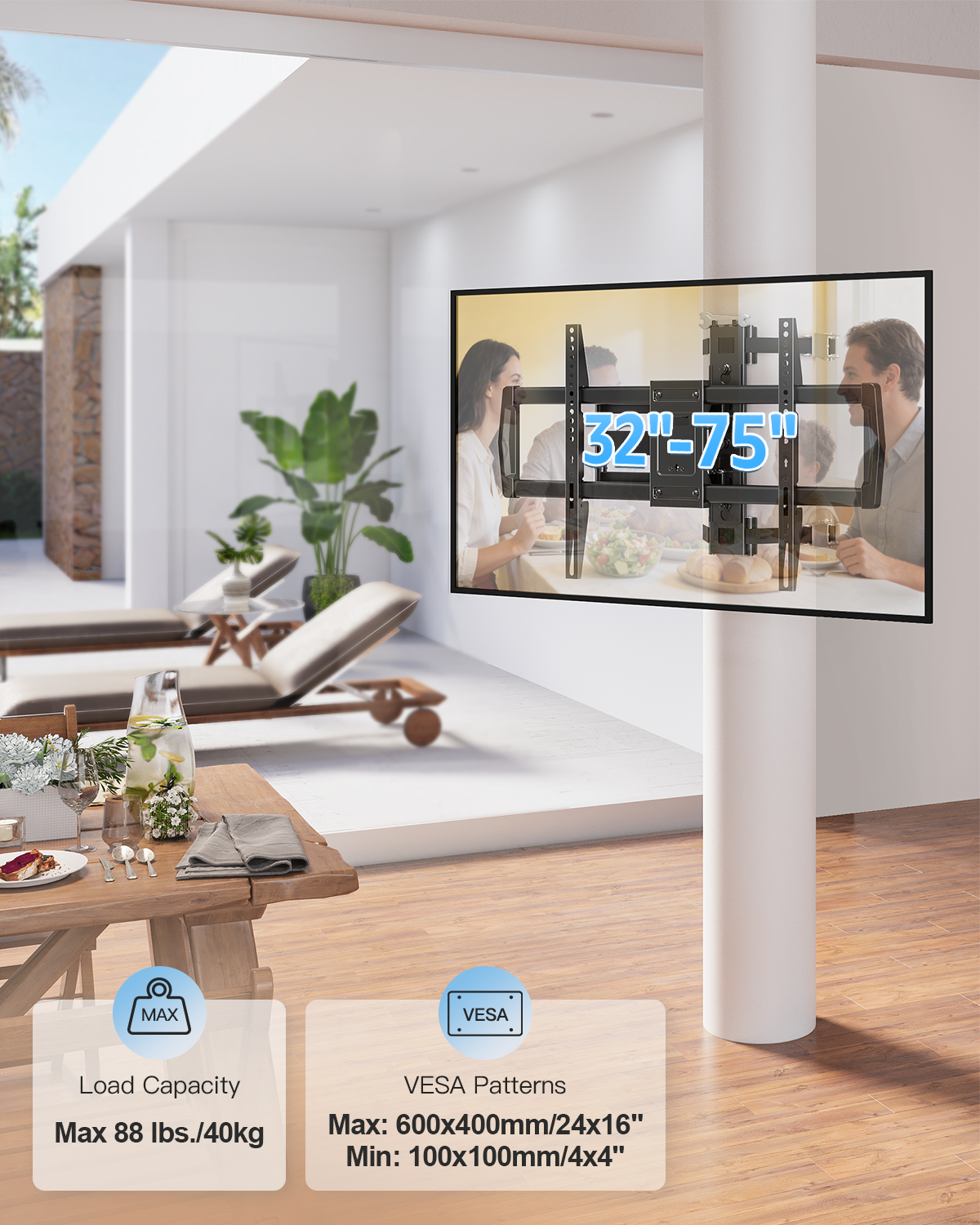 MOUNTUP Pillar TV Mount for 32"-75" TVs, Full Motion Strap-On Post Mount for Round & Square Columns, Swivel Tilt Level, No-Drill Design, Max VESA 600x400mm, Holds 88 lbs, Black