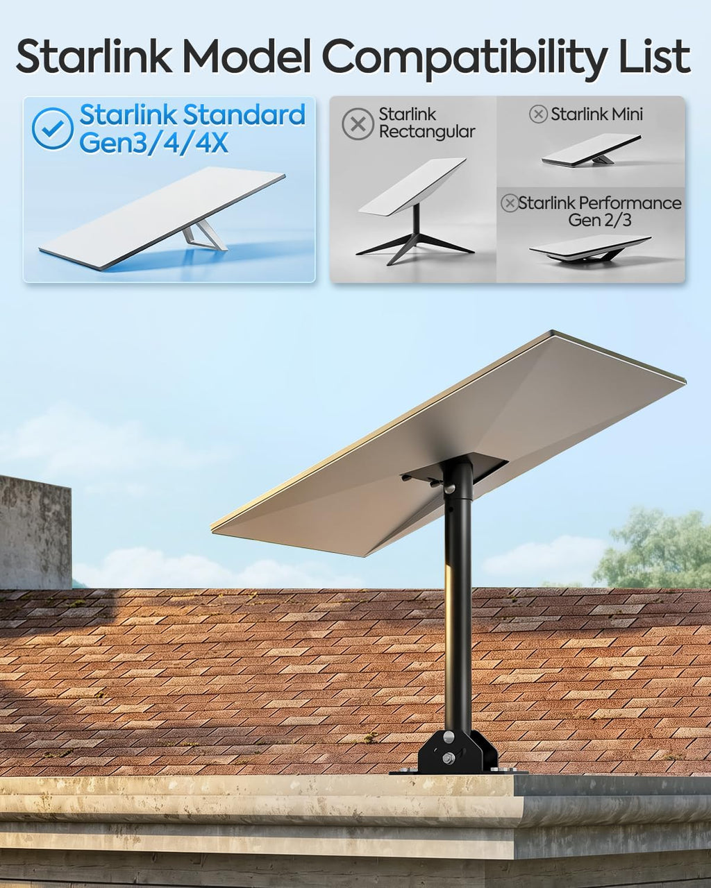 MOUNTUP Starlink Roof Mount Gen 3 V4 V4X Adjustable Stainless Steel Bracket | Better Signal Positioning with 180° Rotation, 100° Tilt, 15.8" Pivot Pole & Rustptoof Hardware for Starlink Roof Installation