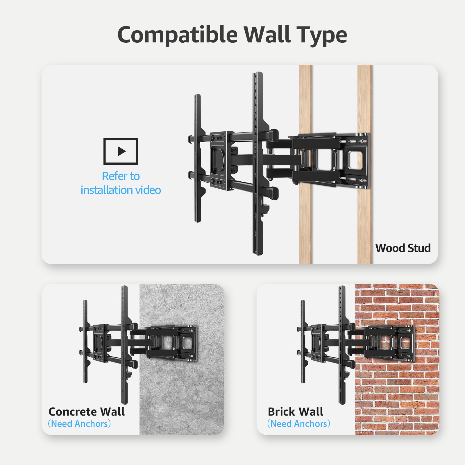 MOUNTUP Full Motion TV Wall Mount for Most 40-85 inch Flat TVs up to 110 lbs, Wall Mount Bracket with Dual Articulating Arms, Tilt, Level, Swivel, TV Mount Fits 12/16" Wood Stud, Max VESA 600x400mm