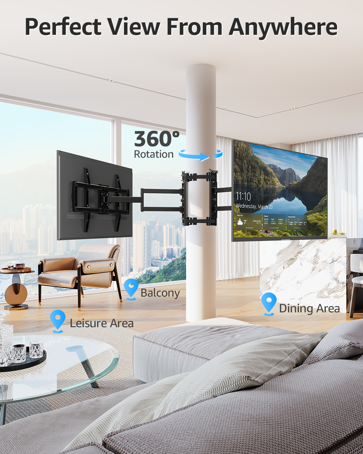 MOUNTUP Pillar TV Mount for 32"-75" TVs, Full Motion Strap-On Post Mount for Round & Square Columns, Swivel Tilt Level, No-Drill Design, Max VESA 600x400mm, Holds 88 lbs, Black