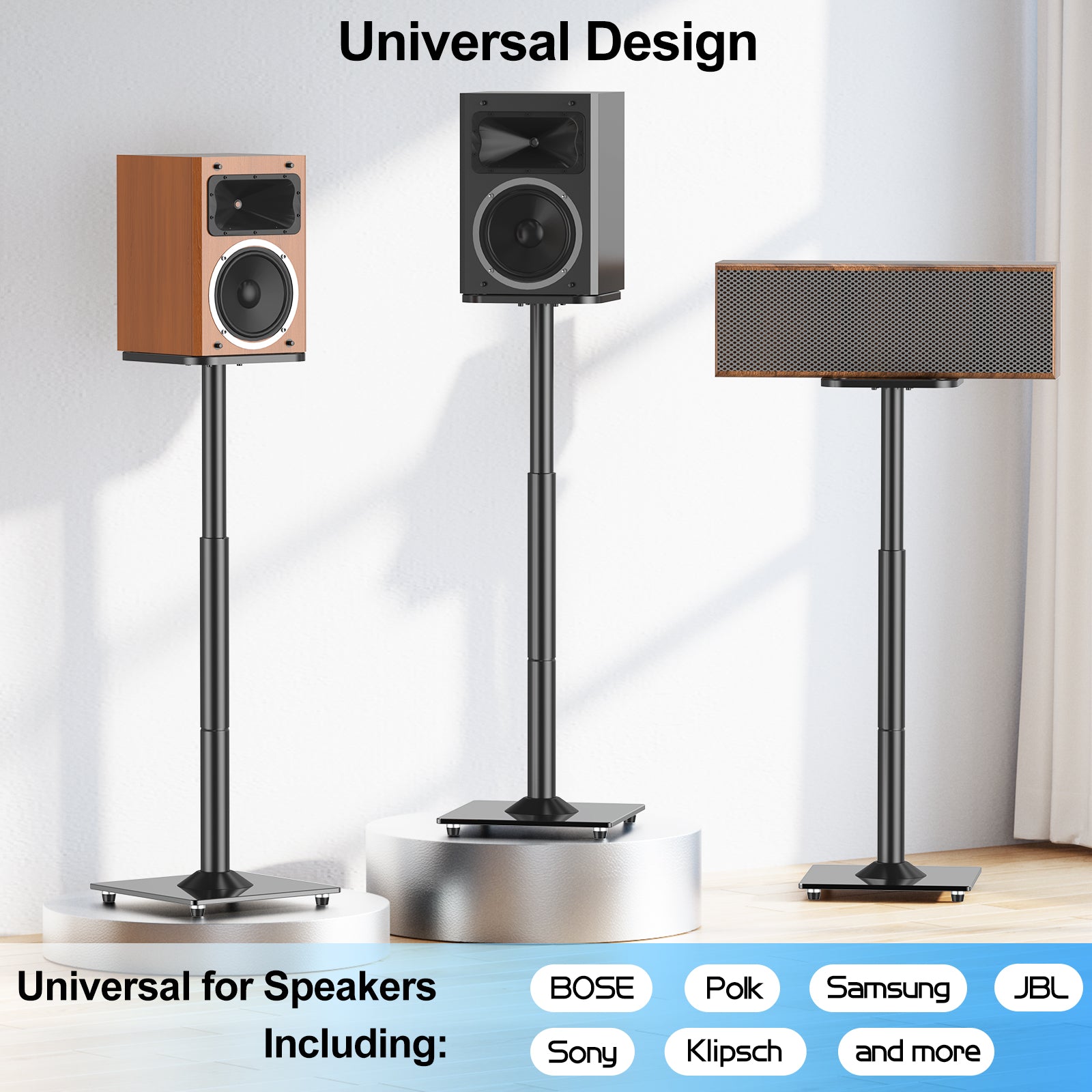 MOUNTUP Universal Speaker Stands Pair, 28.3" to 37.4" Height Adjustable Floor Speaker Stands, Holds Bookshelf & Large Satellite Studio Speakers, Cable Concealing, 22LBS Capacity, 9.8" Plate, Black