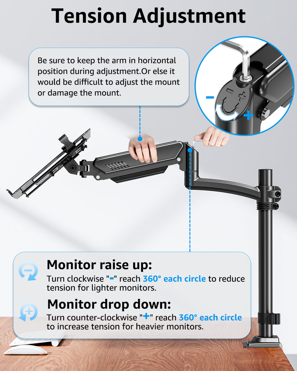 MOUNTUP Laptop Desk Mount, Adjustable Laptop Stand for max 17" Notebook or 32" Monitor, Laptops Arm Mount for Desk Holds 4.4-22lbs, Tall Laptops Mount with Clamp/Grommet